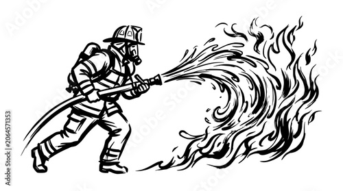 Vászonkép Firefighter battling intense flames with high pressure hose.