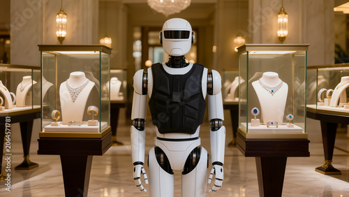 Robot security guard standing between jewelry displays in luxury boutique. Ai surveillance for high value retail. Smart theft prevention. Future premium security concept.