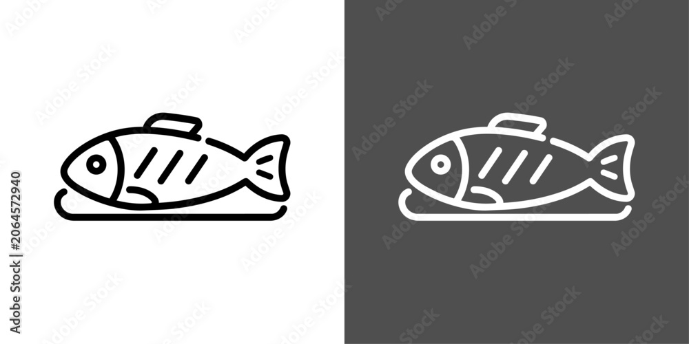 Fototapeta premium 黒い太線で描いた焼き魚のモノクロベクターアイコン