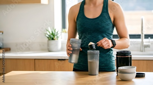 Fit woman holding protein shake in kitchen, healthy nutrition, fitness and wellness lifestyle at home