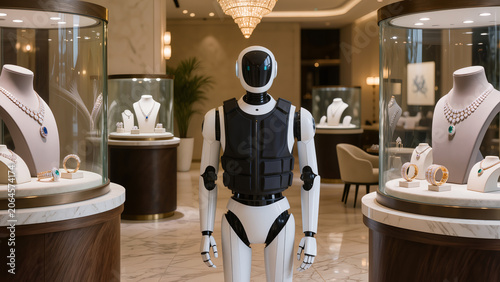 Robot security guard inside luxury jewelry store. Ai surveillance for premium retail. Smart protection system. Future security technology concept.