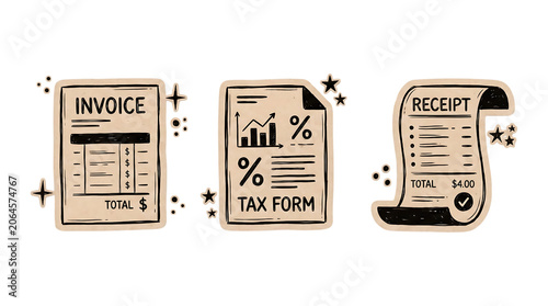 Foto Financial paperwork icons set featuring invoice tax form and receipt with data v