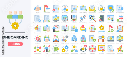 User Onboarding Icon Set, Employee Training and Digital Website Tour. Simple flat color vector.