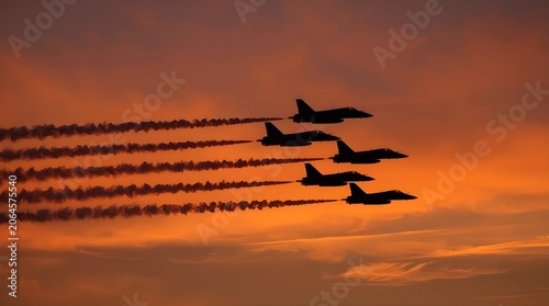 A striking silhouette profile photograph of a squadron of military fighter jets flying in formation leaving smoke trails at sunset