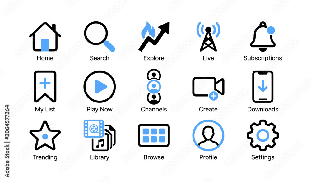 Fototapeta premium Navigation and media icons arranged in a three by five grid