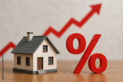 A small model house sits next to a large percentage symbol on a wooden table. In the background, a red graph line rises, indicating a market trend.
