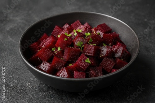 Cubes of cooked beetroot are placed in a black bowl. Fresh herbs are sprinkled on top. The bowl is set on a dark surface, creating a simple presentation of the dish.