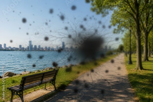 A city skyline can be seen across a lake. There is a pathway beside the water and a bench for people to sit. Trees line the pathway on a bright sunny day.