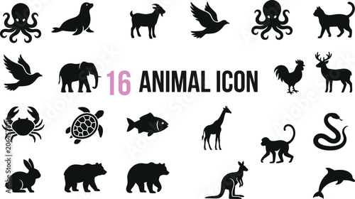 Photography Animal Icon Set Black Silhouettes On White Background