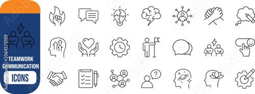 Business communication and teamwork outline icons. lightbulb icon set, brain icon set, handshake icon set