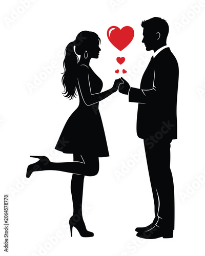 Romantic couple silhouette holding hands with red hearts vector illustration