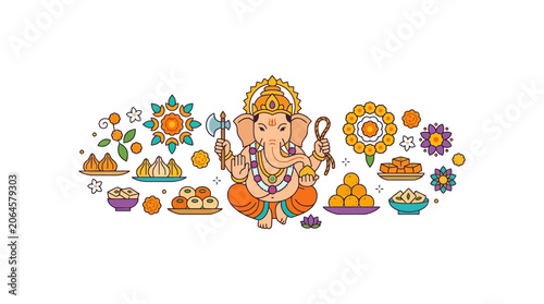 Lord Ganesha Illustration with Traditional Sweets and Offerings for Ganesh Chaturthi