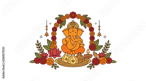 Lord Ganesha Illustration with Floral Arch and Modak Offering