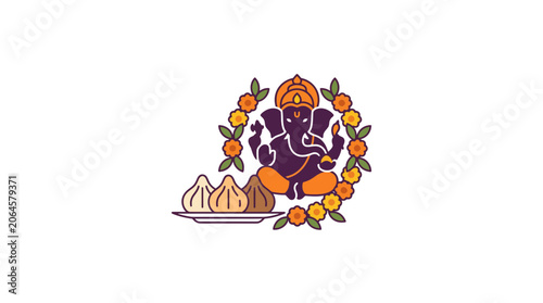 Minimalist Lord Ganesha Illustration with Modak Offering and Floral Garland