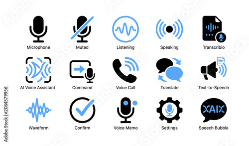 Voice and speech control icons displayed in grid on white background