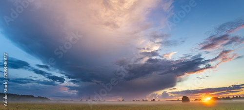 фотографія Misty field stretches under vast, brooding sky