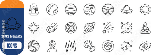 Space and galaxy exploration icons. planets icon set, rocket icon set, alien icon set