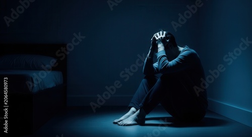 Frustrated Person Sitting Alone In Dark Room With Hands On Head In Despair