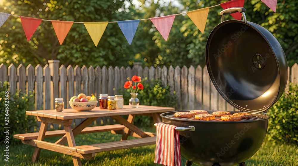 Obraz premium Black charcoal grill with cooking meat patties outdoors on green lawn with picnic table full of food and colorful party bunting flags hanging above in summer garden backyard environment.