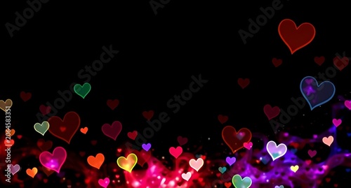 Colorful floating hearts in various sizes and vibrant hues against a black background, creating a romantic, joyful, and lively atmosphere perfect for love, celebration, and emotional connection