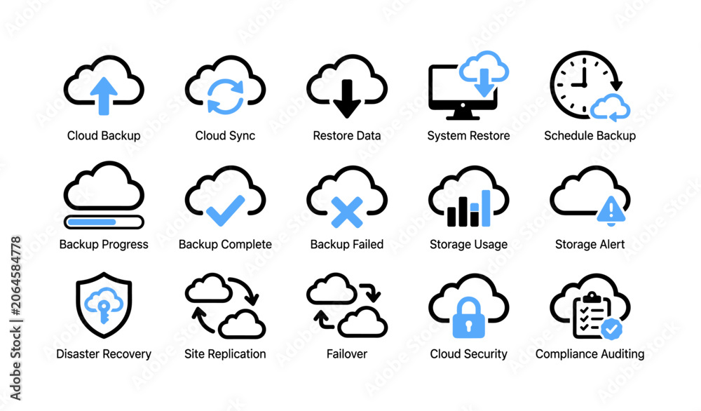 Obraz premium Cloud icons showing backup sync and security on white background