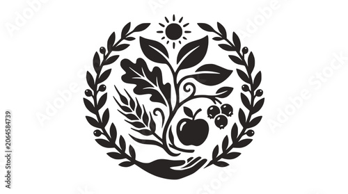 Foto Circular organic harvest emblem with leaves grain and apple