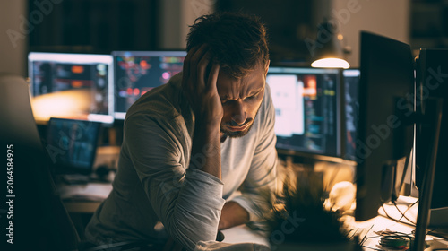 Exhausted office worker staring at multiple monitors filled with emails and alerts , burnout work , sad work, work late, alone man working in the office, photo style