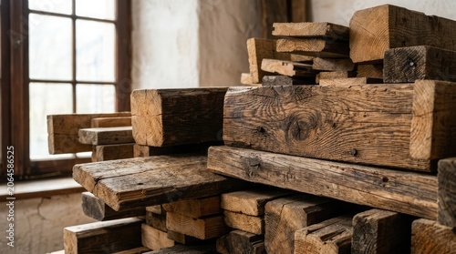 Stacked reclaimed lumber and rough hewn timber near window