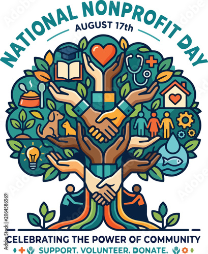 National Nonprofit Day vector illustration, community tree with diverse hands and charity icons, August 17th social impact and volunteer concept