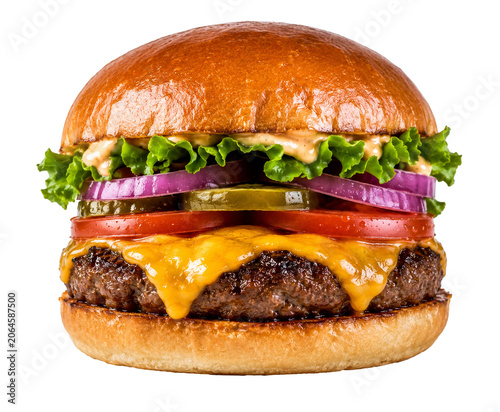 Gourmet beef cheeseburger isolated on transparent background, juicy fast food burger with melting cheese PNG