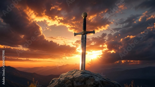 Knight's longsword thrust into craggy rock, dramatic sunset backlight, heroic.