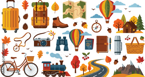 Colorful travel and adventure flat icons set with autumn leaves