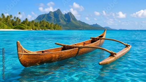 Traditional canoe with wooden outrigger on calm blue ocean under tropical sun.