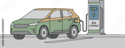 Electric Car Charging Station Flat Vector Illustration Green EV Charge Point