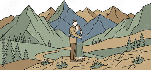 Romantic Couple Standing Together Mountain Landscape Line Art Vector Illustration