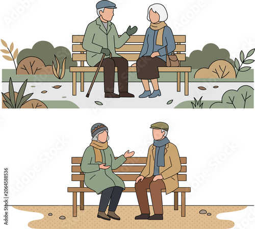 Senior Elderly Couple Sitting on Park Bench Flat Vector Illustration Autumn Winter Scene