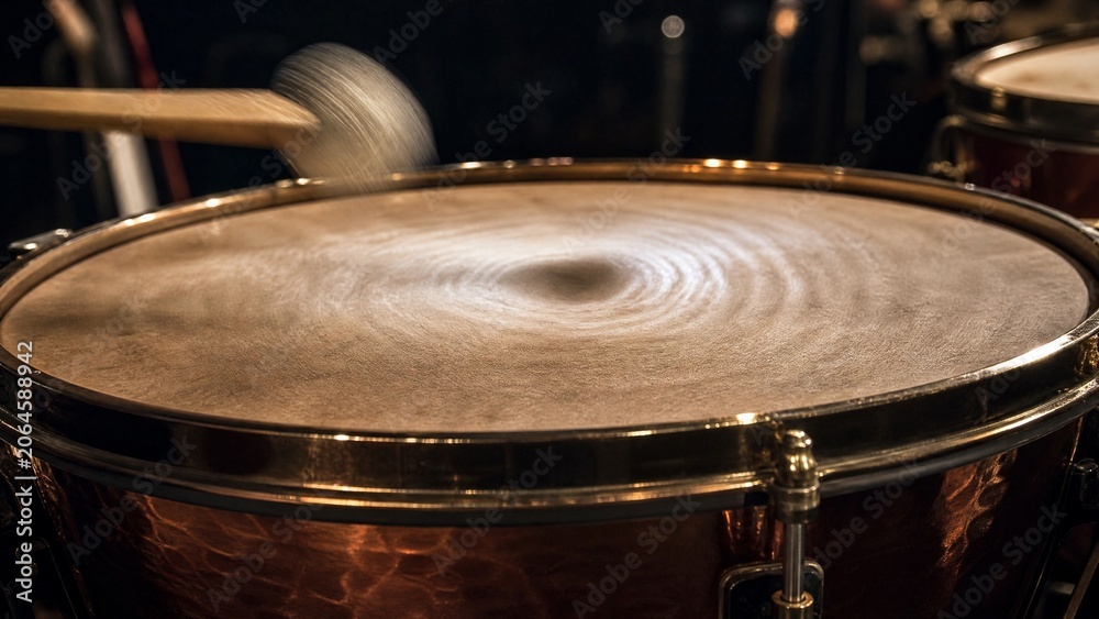 Obraz premium Timpani drumhead with blurred mallet impact and deep vibration.