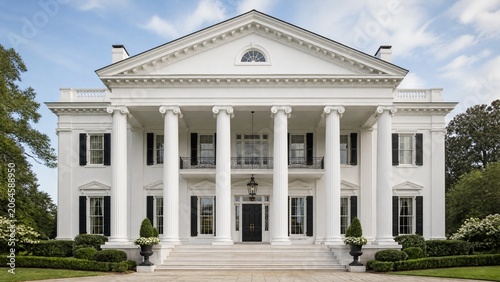 Obraz na płótnie Greek Revival mansion with white columns and triangular pediment under daylight.