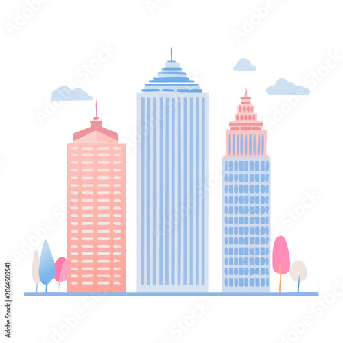 Flat Design City Skyline with Skyscrapers and Trees