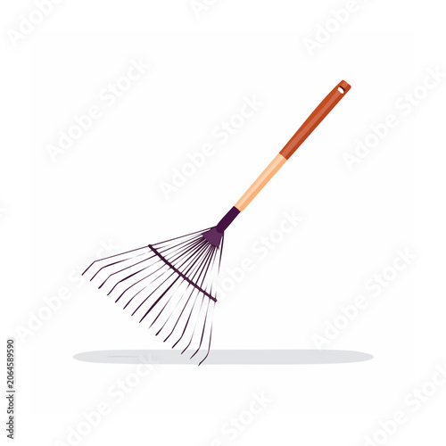 Flat design illustration of a garden rake with wooden handle