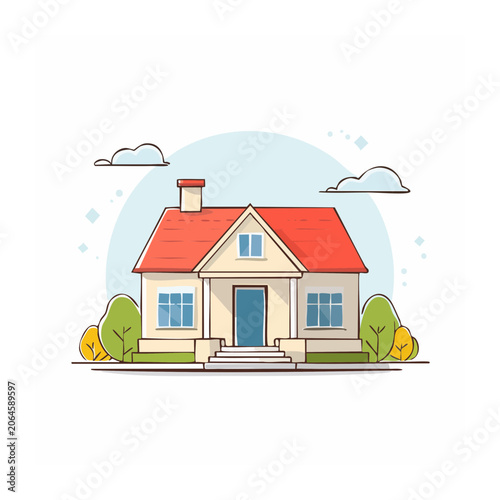 Flat design illustration of a suburban house with garden