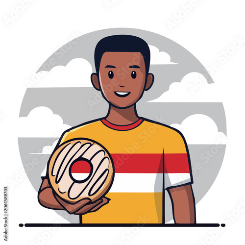 Man holding a donut in flat design illustration