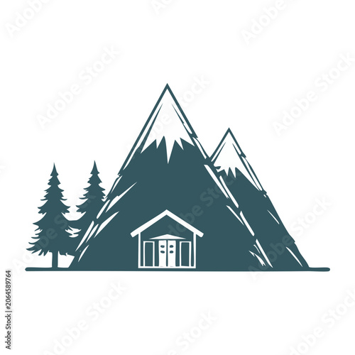 Minimalist mountain cabin illustration with pine trees
