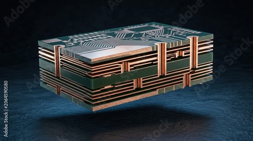 Cross section of a multilayer printed circuit board. Macro view of internal conductive copper layers and electronic substrate. Advanced engineering, hardware design and technology.