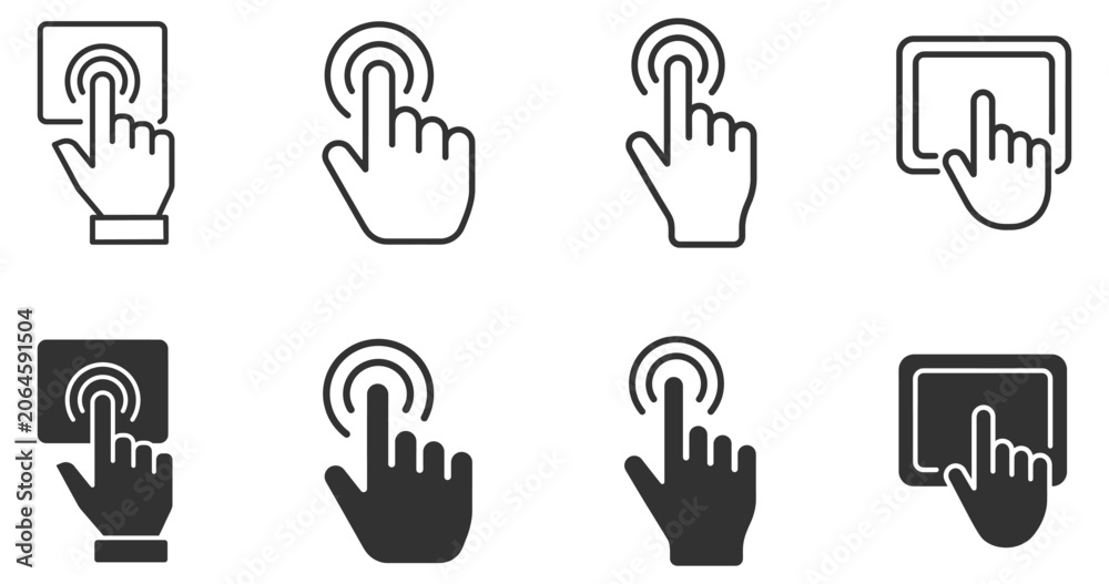 Fototapeta premium click gesture icons set with hand pointer and touchscreen interface on transparent background