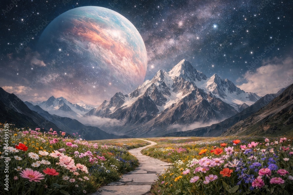 Obraz premium Cosmic landscape with vibrant flowers.