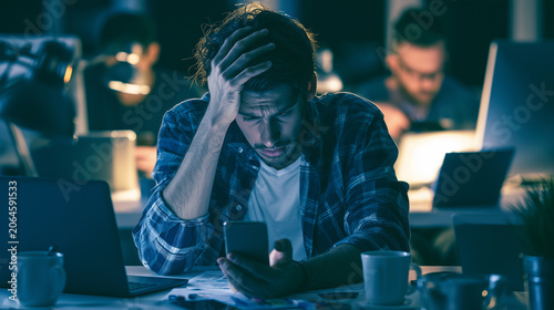 Office worker checking messages on multiple devices with visible anxiety , burnout work , sad work, work late, alone man working in the office, photo style