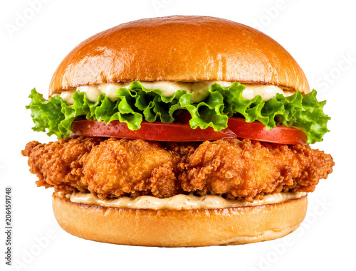 Crispy fried chicken burger isolated on transparent background, golden zinger chicken sandwich PNG