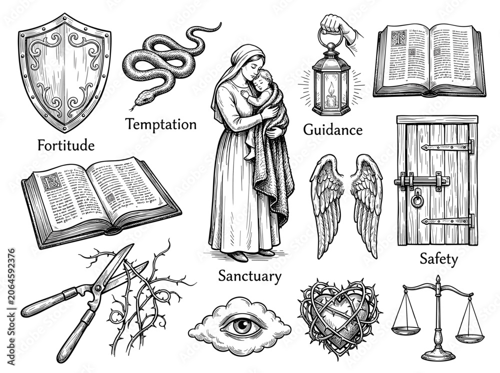 Obraz premium Ink sketch illustration, mother protect daughter from sin, symbolic object set, isolated on white