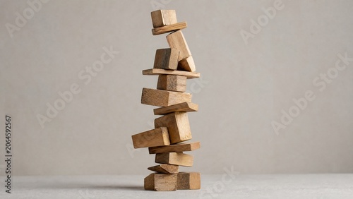 A precarious tower of wooden blocks stacked at unstable angles.